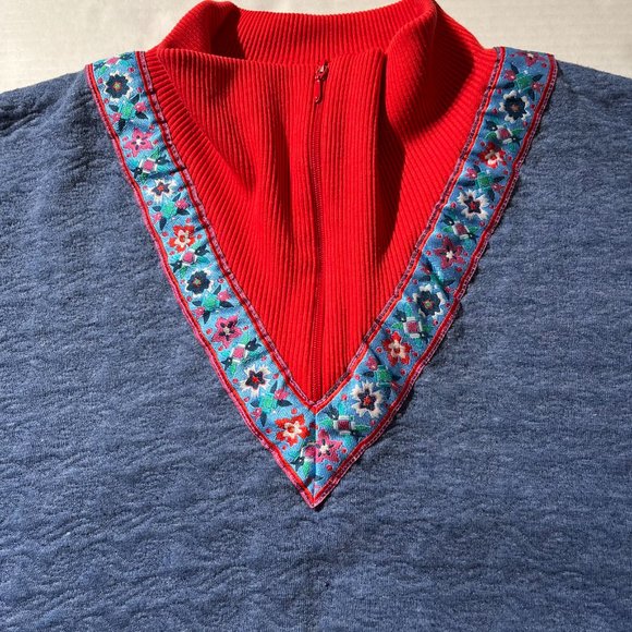 Vintage Grannycore Navy Blue and Red Turtleneck & Zip Collar Sweatshirt - Picture 7 of 9